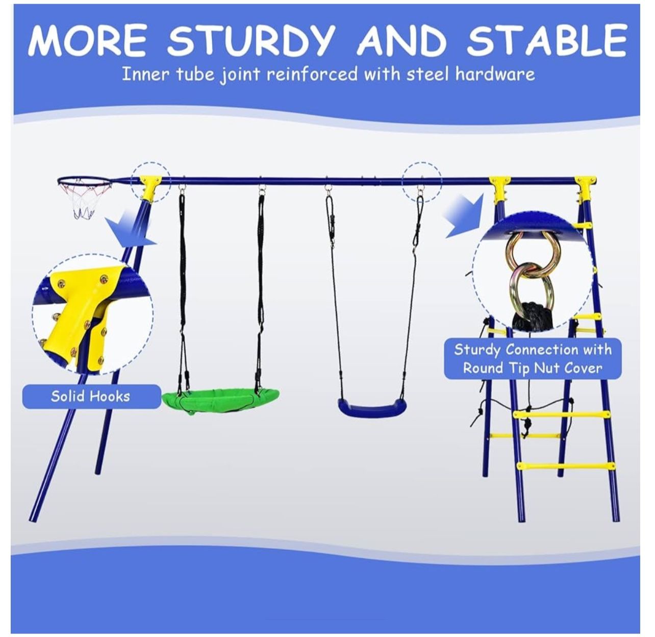 5-In-1 Outdoor Kids Swing Set with A-Shaped Metal Frame and Ground Stake
