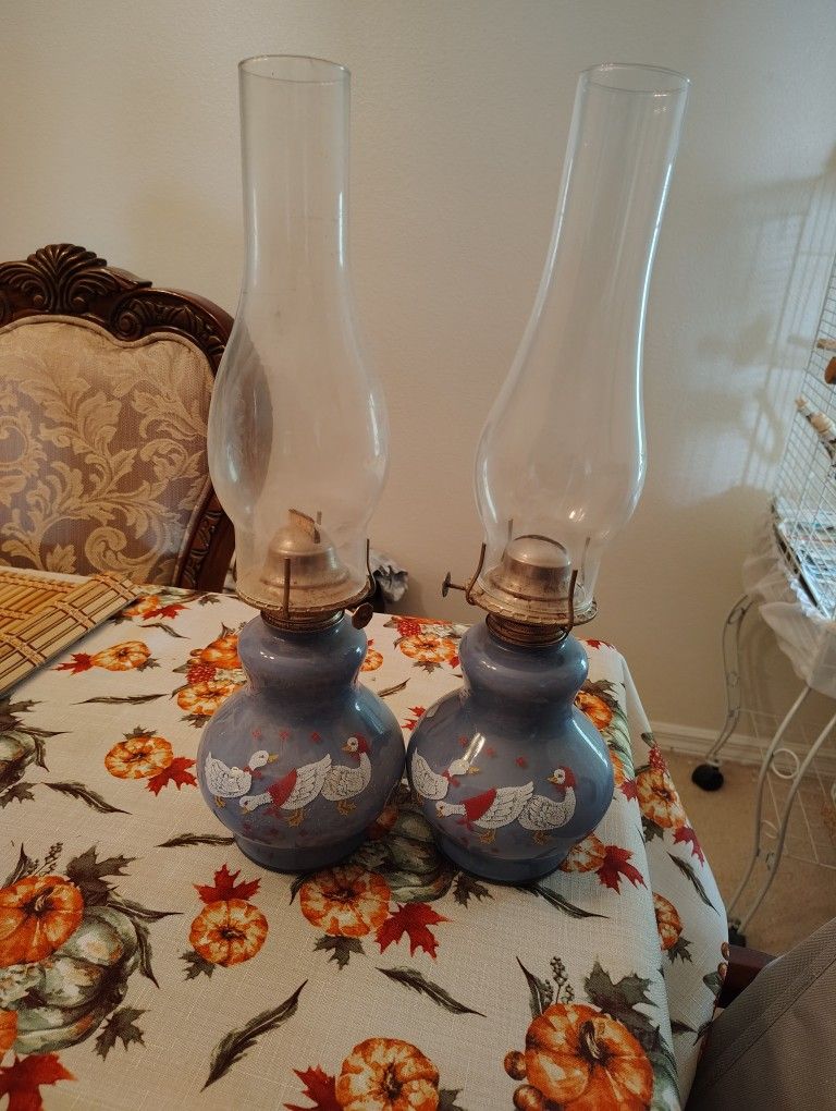 Kaadan Ltd 1980 Blue Oil Lamp Ducks/Geese With Shade & Wick EUC