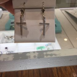 10K Diamond Cross Leverback Earrings 