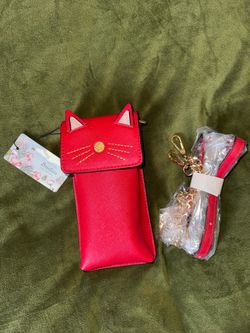 BRENTANO Cat Handbag Cherry Red Faux Leather Chain Crossbody