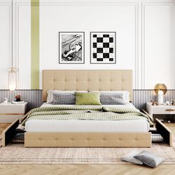 King Fabric Platform Bed Frame with 4 Storage Drawers & Adjustable Headboard, Square Stitched，Beige