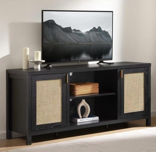 Rattan TV Stand for Living Room - 26" Tall Farmhouse Entertainment Center with Storage and Wicker Door, Media TV Console Cabinet for TVs Up to 65 Inch