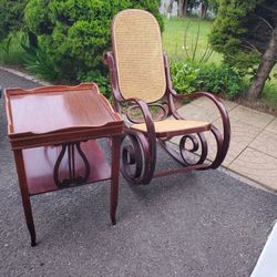 Vintage Mid Century Modern Bentwood & Cane Rocking Chair And Table!  DELIVERY NICE GIFT IDEA!