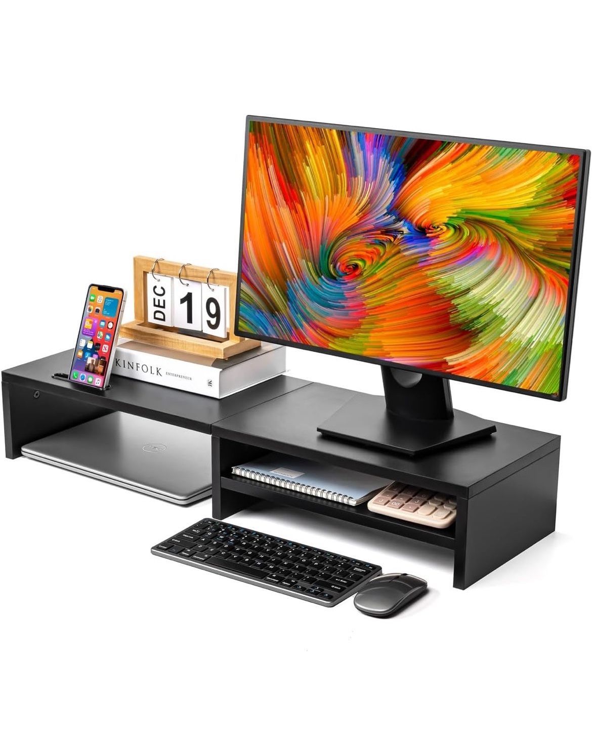 HUVIBE Monitor Stand Riser,2 Tiers Wood Laptop Computer Monitor Riser Stand with Storage Organizer.Desktop Screen Monitor Stand Riser with Storage Org