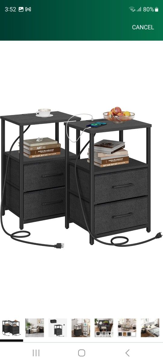 TUTOTAK End Table with Charging Station, Side Table with 2 USB Ports and Outlets, Nightstand with Cloth Drawer, Set of 2, Couch Table, Black TB01BK052