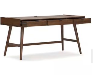 💫 NEW Design by Ashley Lyncott 60" Mid-Century Desk | 3 Drawer Brown Wood | Home Depot