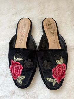 Sole Society Black Velvet Embroidered Rose Mules