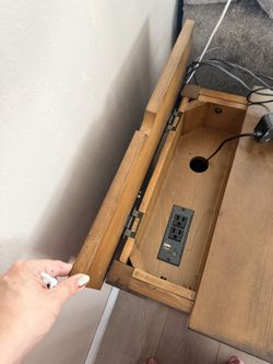 Farmhouse Style Wooden End Table With Charging Connection And Extra Storage
