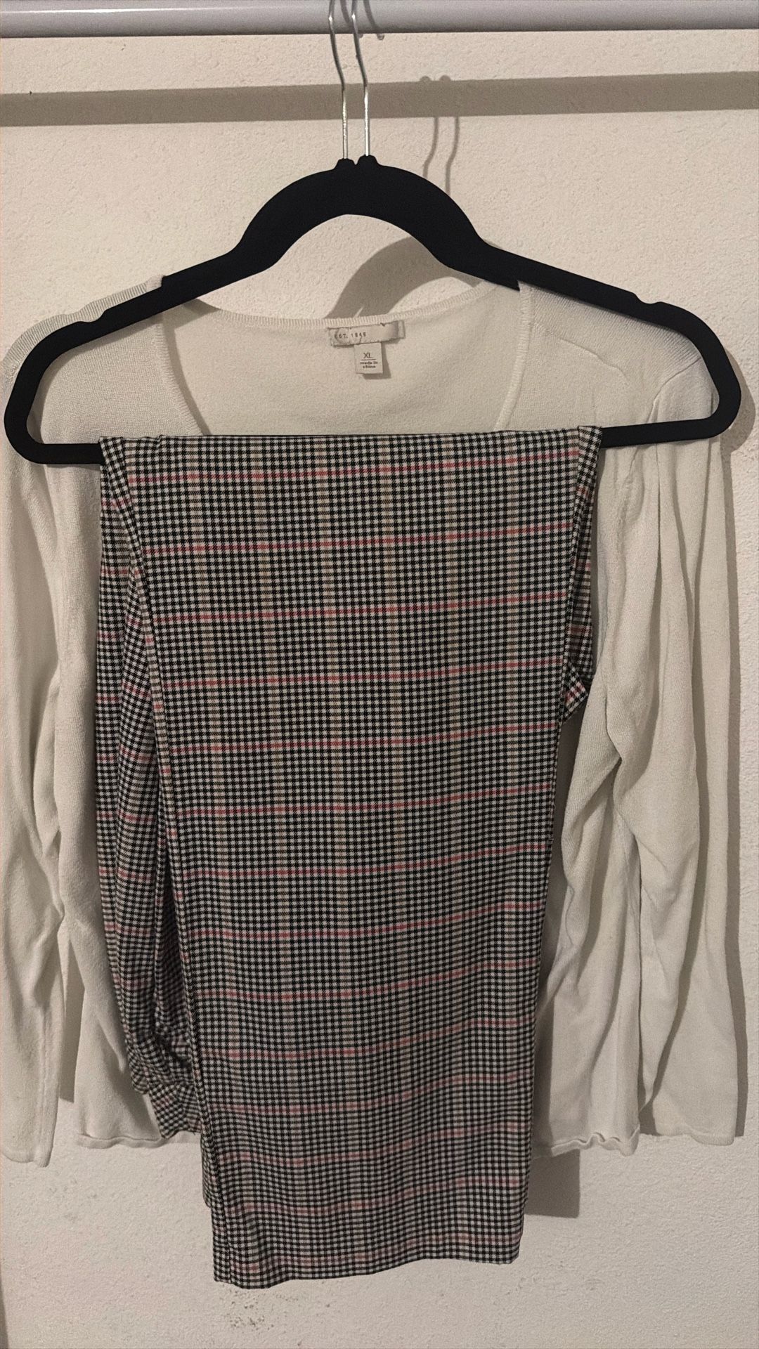 white long-sleeve XL and black and grey, pink accents curvy 16W