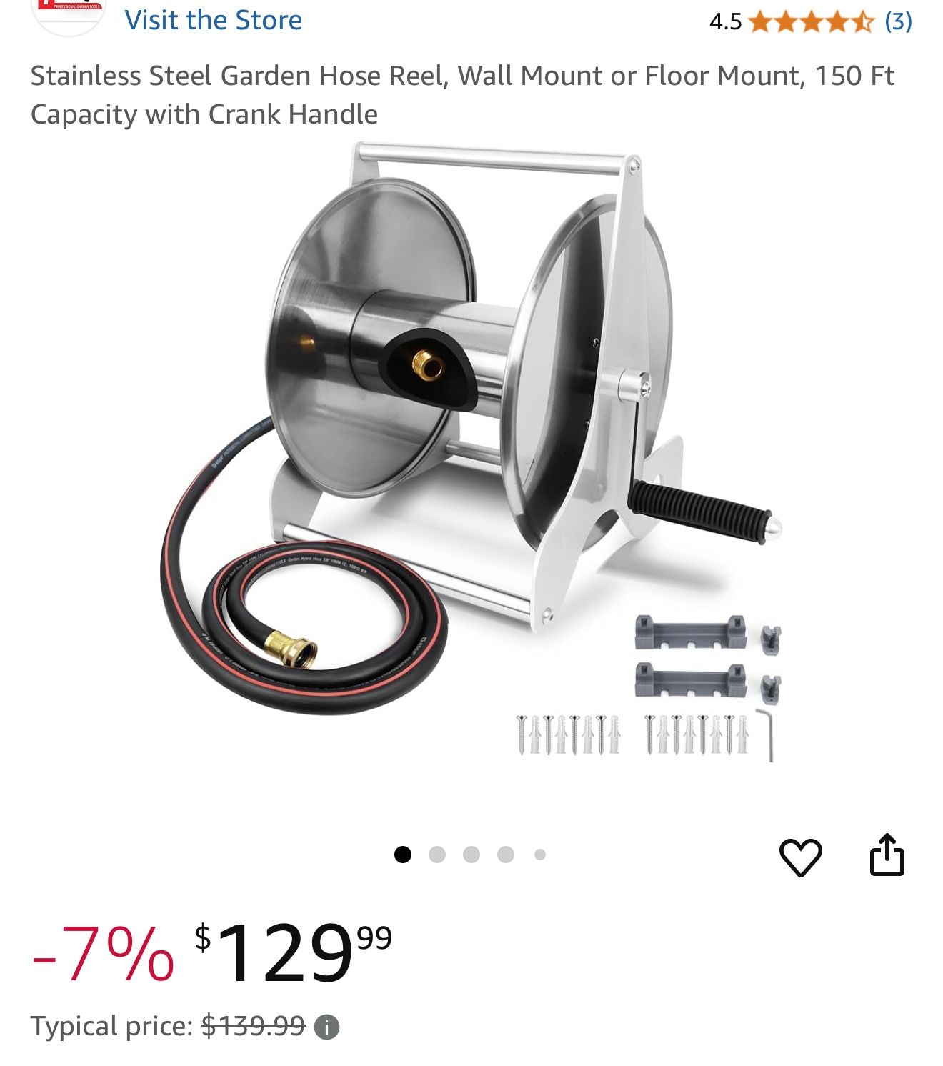 Stainless Steel Garden Hose Reel, Wall Mount or Floor Mount, 150 Ft Capacity with Crank Handle