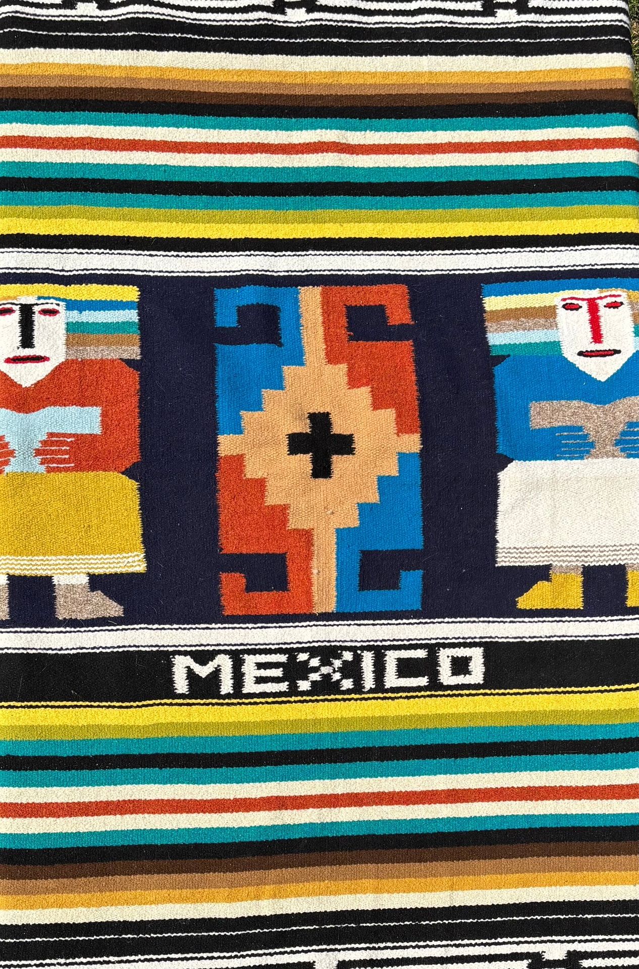 Vintage Mexican Rug Or Blanket Aztec Design
