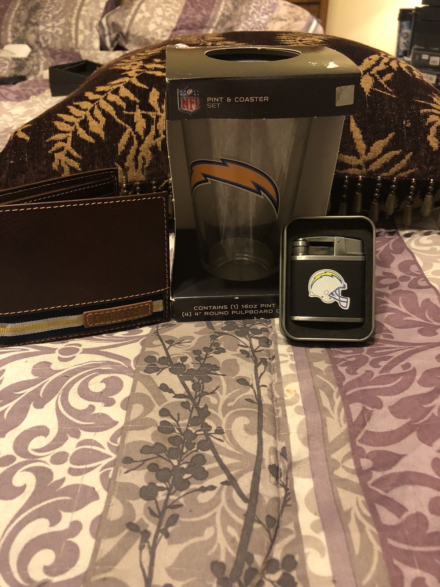 San Diego Charges Leather wallet pint glass and coasters butane lighter