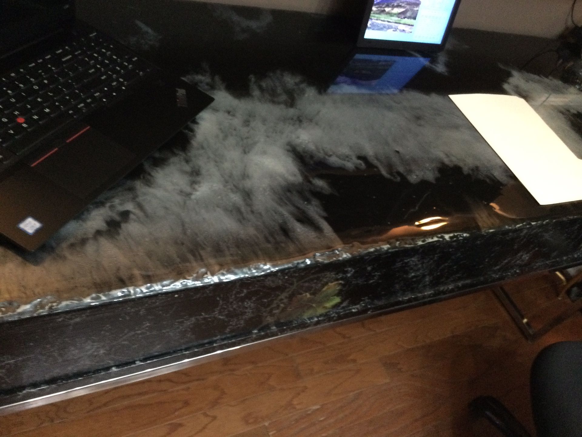 EXCELLENT FOR HOLIDAY BUFFET TABLE GRANITE LOOK CHROME TV STAND OR DESK..MADE W/ EPOXY. ROCK LOOK EDGES.GLOSSY BLACK W/ GRAY DESIGN72X24X32H 