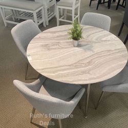 Modern 5-pc Dining Table Set With Grey Fabric Upholstered Chairs 