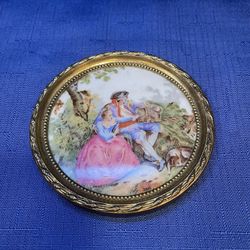Vintage Beautiful Limoges Framed In Brass Porcelain Art Piece. 