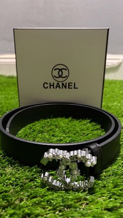 Designer Black Leather Belt Silver Crystal Pearl Double C Buckle 38”