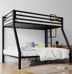 Bunk Bed Twin Over Full Size with Ladder and Guardrail,Heavy Duty Metal Slats Support No Box Spring Needed Small Space Saving Furniture for Bedroom Do