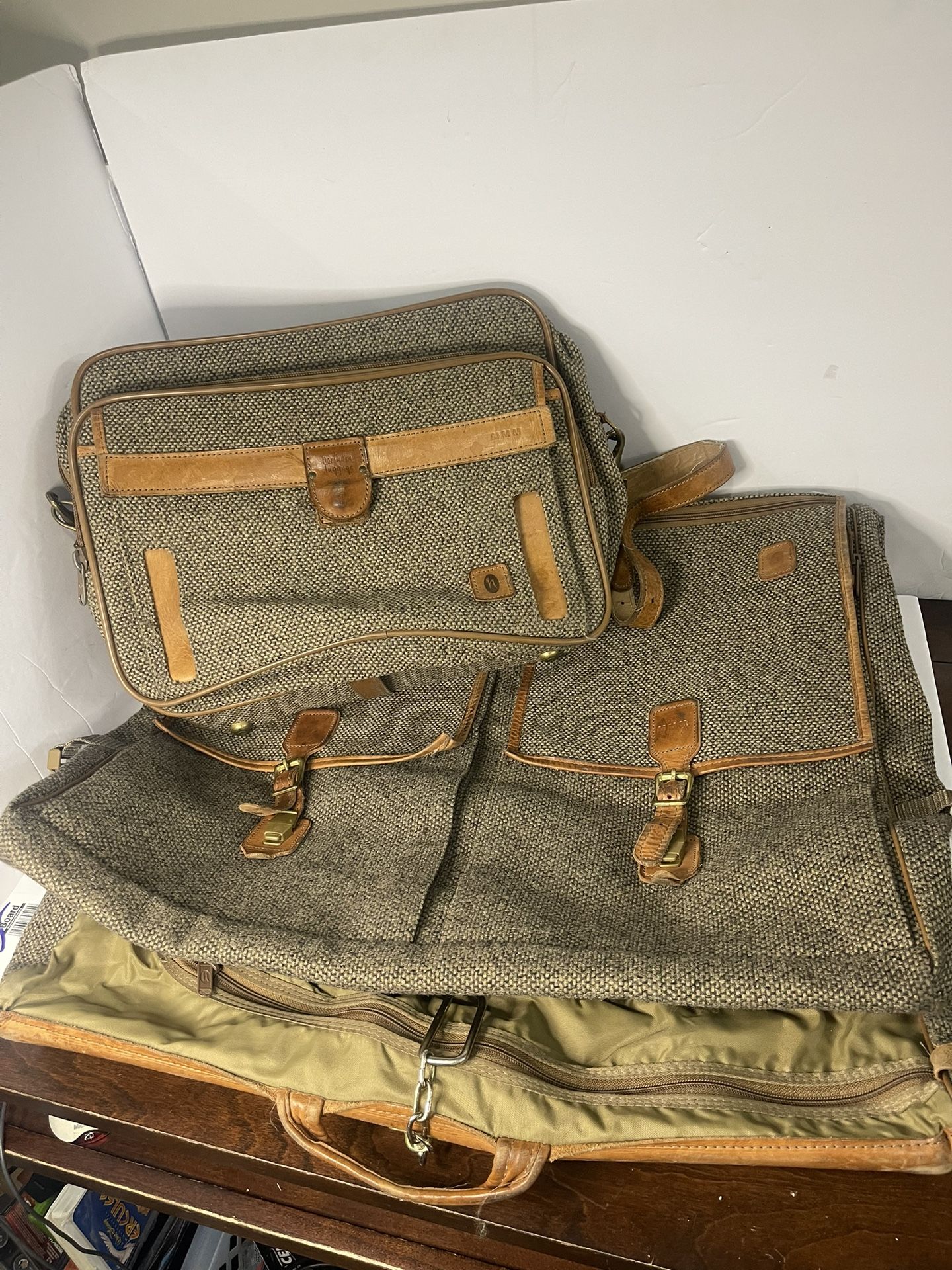 Vintage Hartmann luggage garment bag Hanging Travel tweed & brown leather Set 2