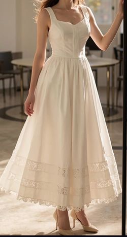 Maxi Linen Dress, Sleeveless, Sweetheart Neckline, Plain, Lace, Vintage, White