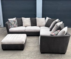 Gray & Cream Sectional couch with ottoman