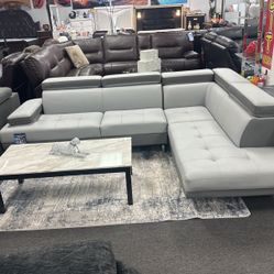 Elegant Two Tone Grey Sectional ✨With Adjustable Headrest Available In White,Red,&Black