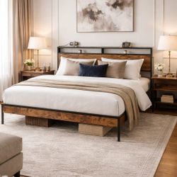 King Bed FrameUpholstered Bed Frame with Vertical Channel Tufted Headboard/Strong Wooden Slats/Platform Bed Frame/Mattress Foundation/Box Spr