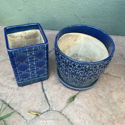 Two Blue Indoor Pots Ceramic Glazed