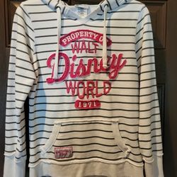 Walt Disney World Sweatshirt Hoodie Disney Parks Authentic Property Of Walt Disney World Women's Small White With Stripes And Pink Lettering 