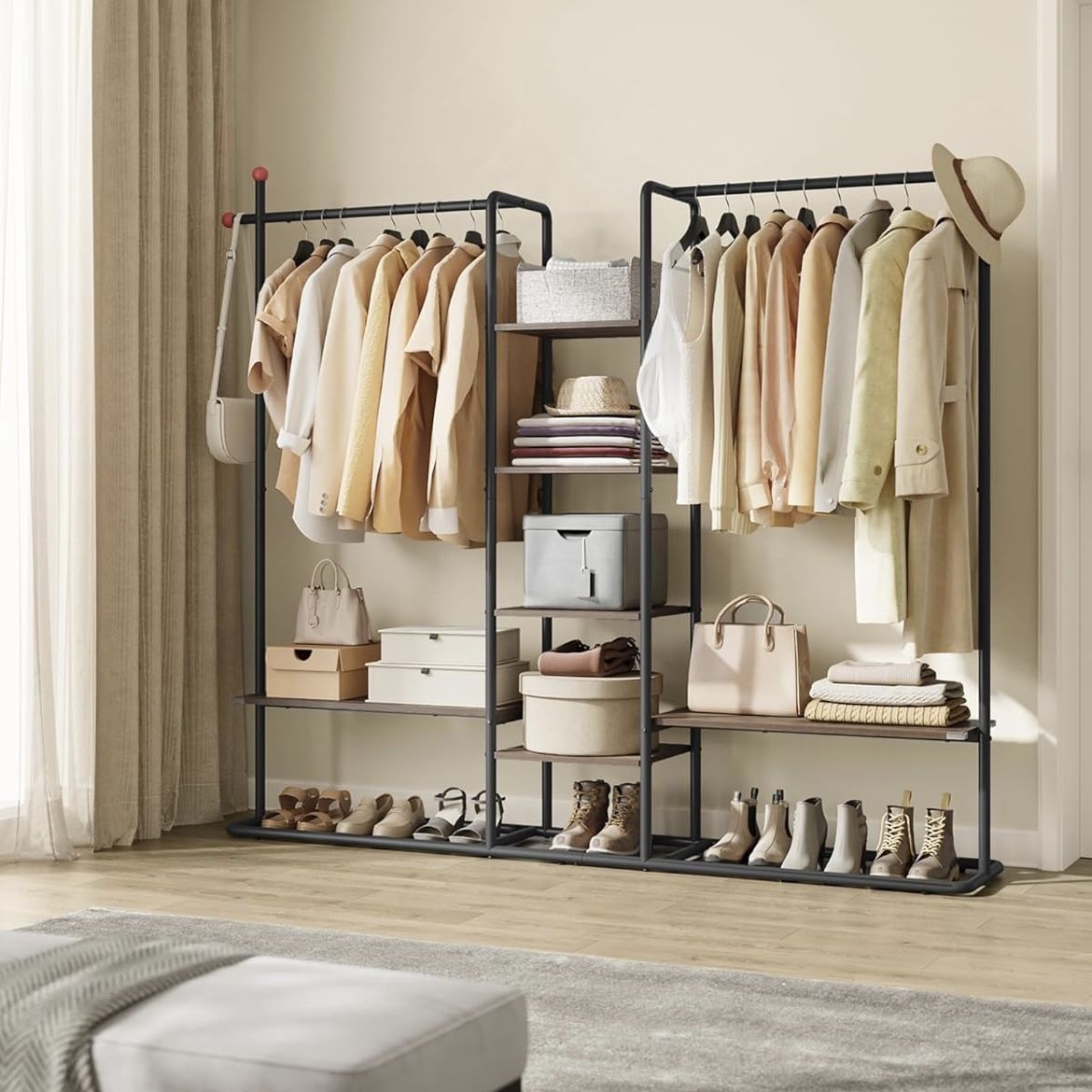 Clothes Rack with Shoe Shelf, Heavy-Duty Storage Rack, 6 Storage Shelves, 2 Hanging Rails