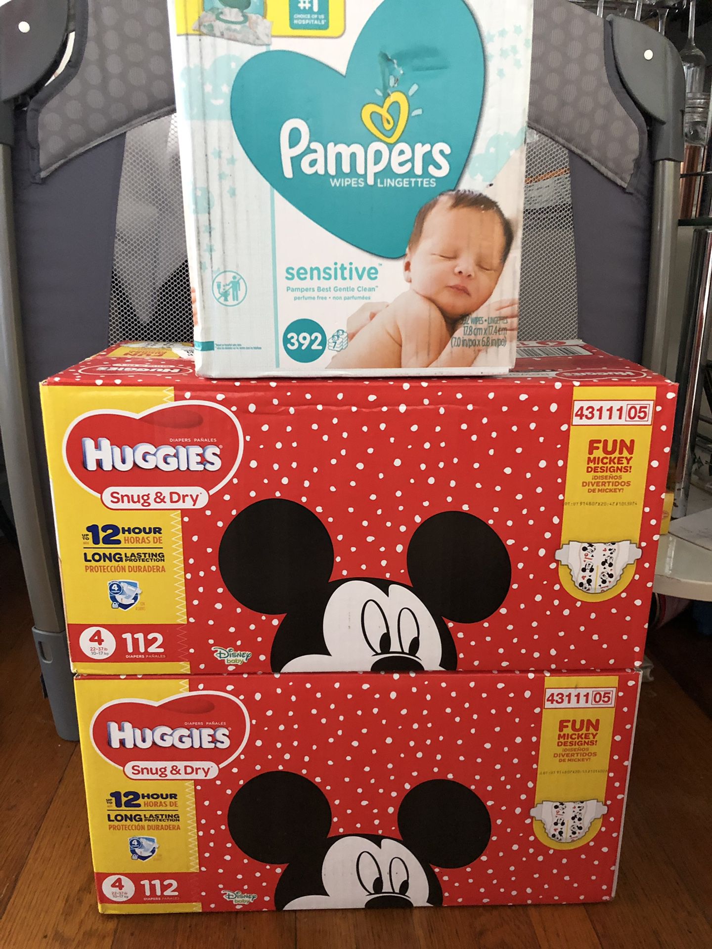 Huggies diapers size 4 plus pampers sensitive baby wipes