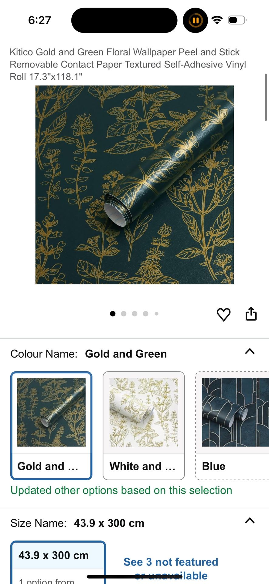 17.3” x 118.1” Gold & Green Floral Wallpaper