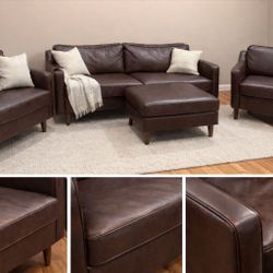 Mid-Century Genuine Leather Sofa Set (Sofa + 2 Chairs + Ottoman) – Must Sell