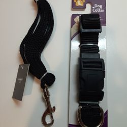 New 2 Pc Set Adjustable Black Nylon Dog Collar & Leash