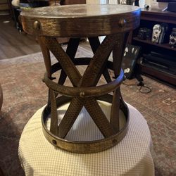 Classic Midcentury Hammered Brass Side Table/Stool with Well Worn Patina on the Seat: