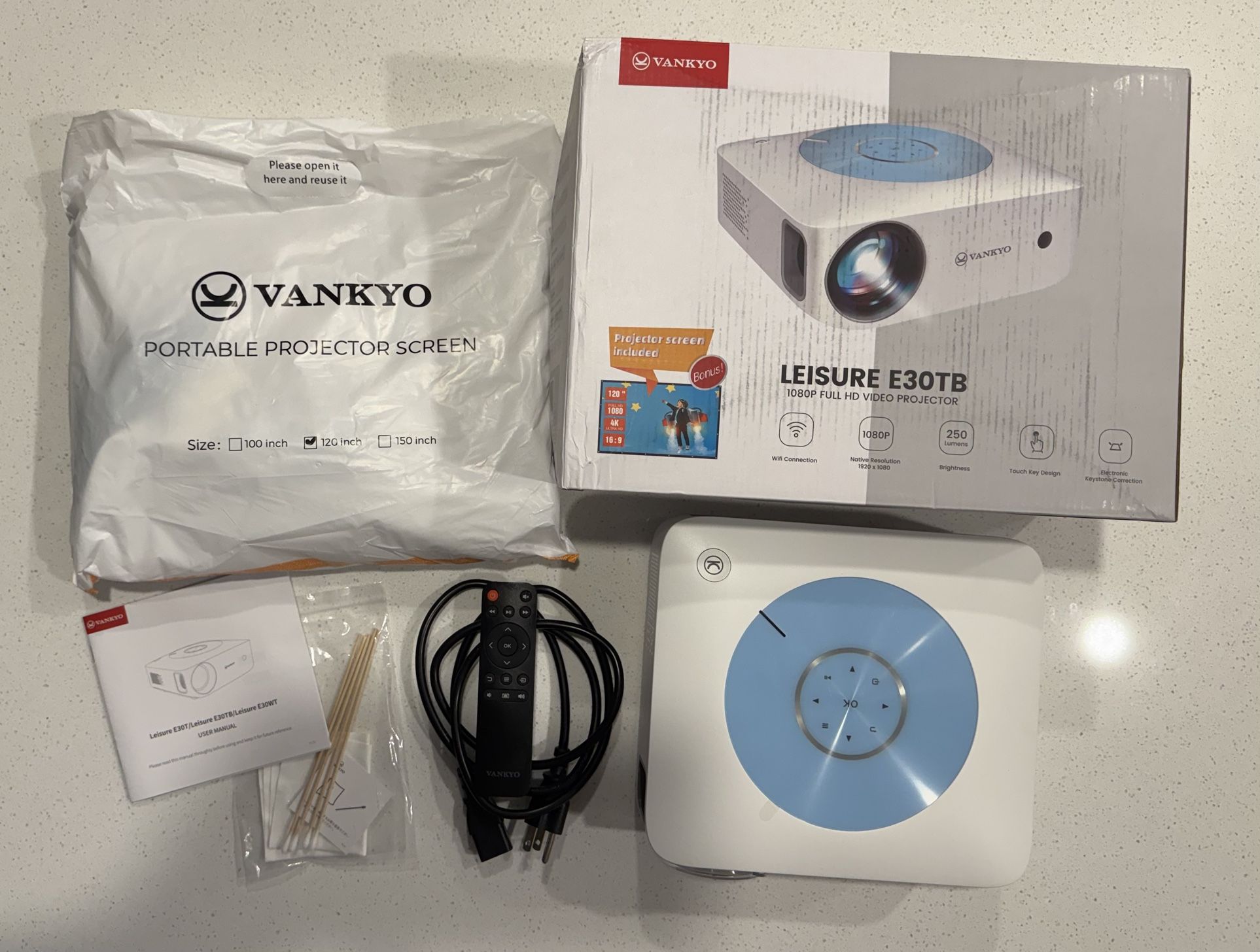 VANKYO Leisure E30TB 1080P HD Wi-Fi Projector w/ 120” Screen