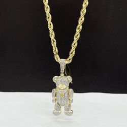 14k Gold Rope Chain And Weed Money Teddy  Bear With Diamond 💎 Pendant , Necklance Gold