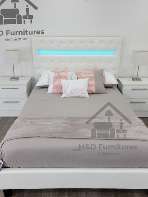 Cama LED Nueva Con Mesas De Noche Y Colchon... New LED Bed Frame With Nightstands And Mattress/ 🚚 Delivery
