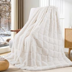 50”x60” Luxury 1000GSM Ultra Thick Warm Faux Fur Throw Blanket, 3D Checkered Pattern, White, NEW