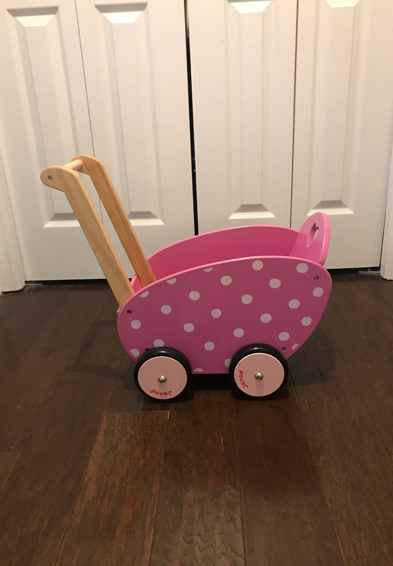 Pink wooden baby doll carriage