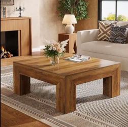 39.4-Inch Square Coffee Table for Living Room, Farmhouse Wooden Center Cocktail Table, Rustic Brown.