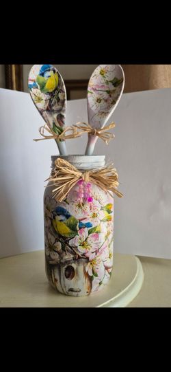 Decorative Decoupage Mason Jar with Floral Bird Design