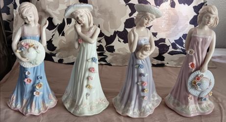 Set Of 4 Porcelain Flower Girl Figurine 8" Tall.  Made In China.