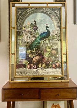 Art Deco large gold mirrored frame peacock print 