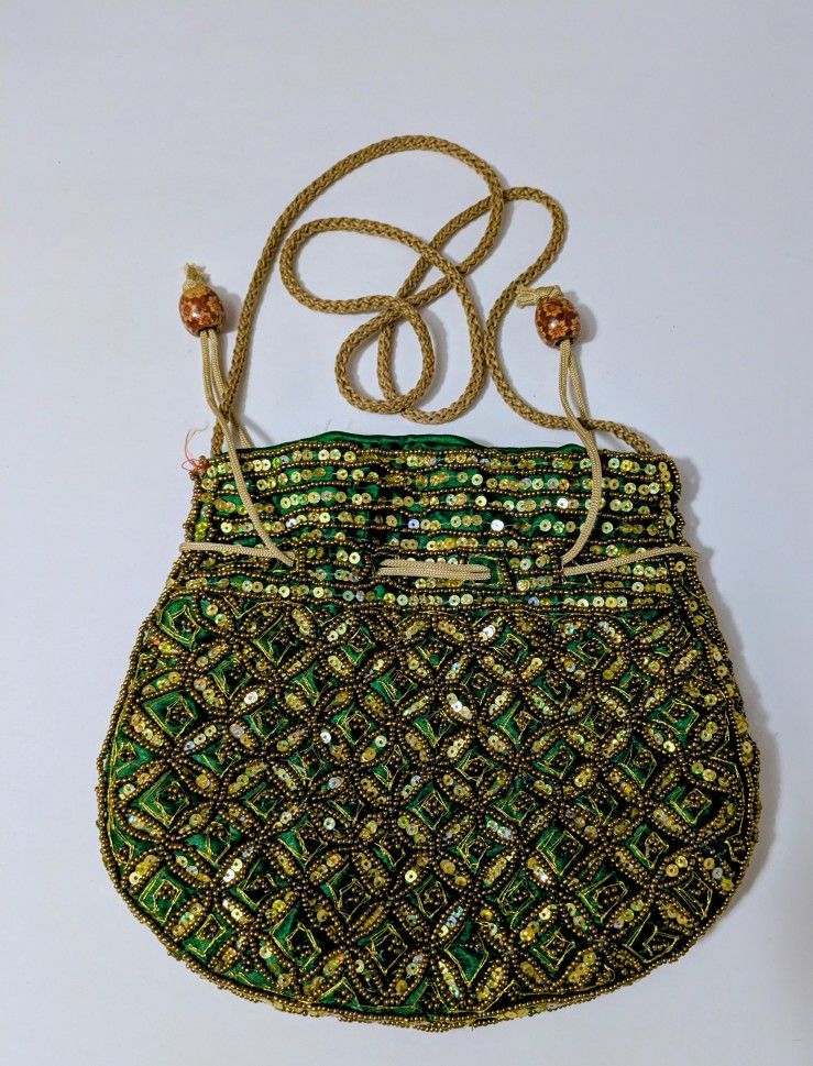 Purse Bag Beaded Sequined Green Gold Woman's Bag Green Lining Crossbody