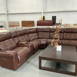Brown Leather Power Reclining Sectional 