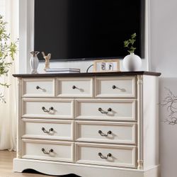 9 Drawers Dresser,54" Wide Farmhouse Chest of Drawers with Charging Station,Distressed Finish Design