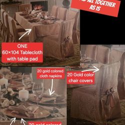 Gold Dinning Set Table Cover, 20 Chair Covers, 20 Chargers, 20 Napkins