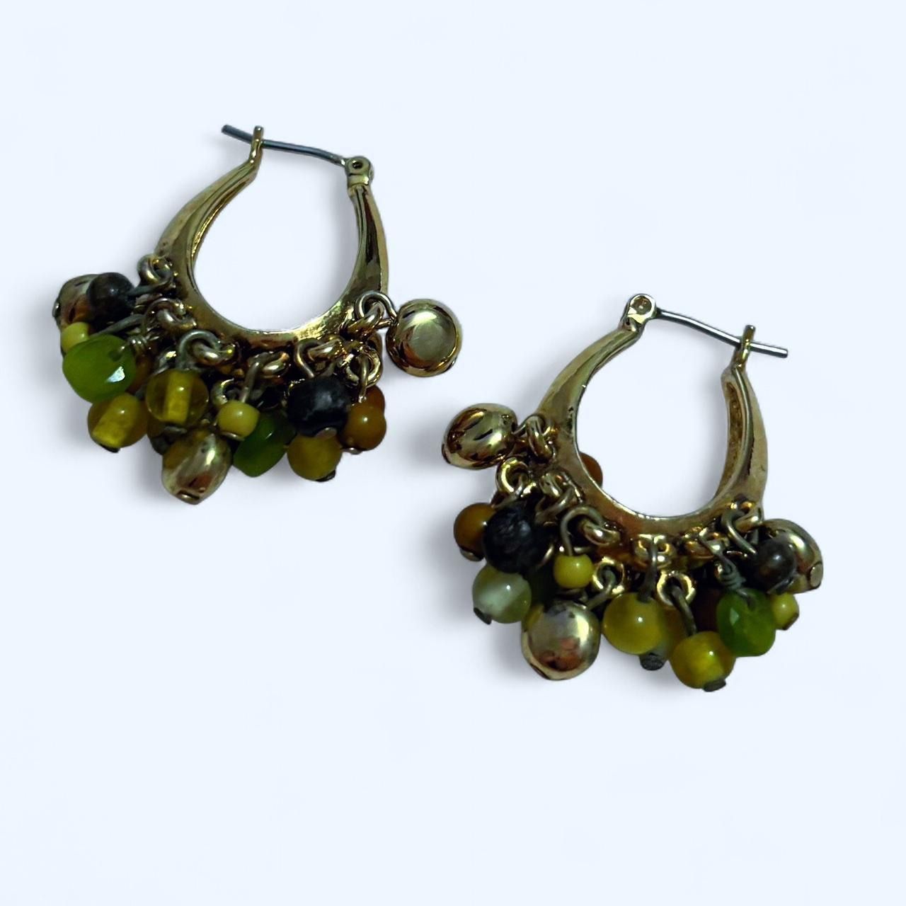 ✨VINTAGE LIZ CLAIBORNE BEADED GOLD HOOP EARRINGS GREEN HOOP EARRINGS✨