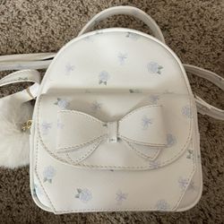 White, Backpack, Blue Bows