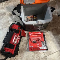 Klein Lunch Box, Husky Tool Bag, Milwaukee Charger